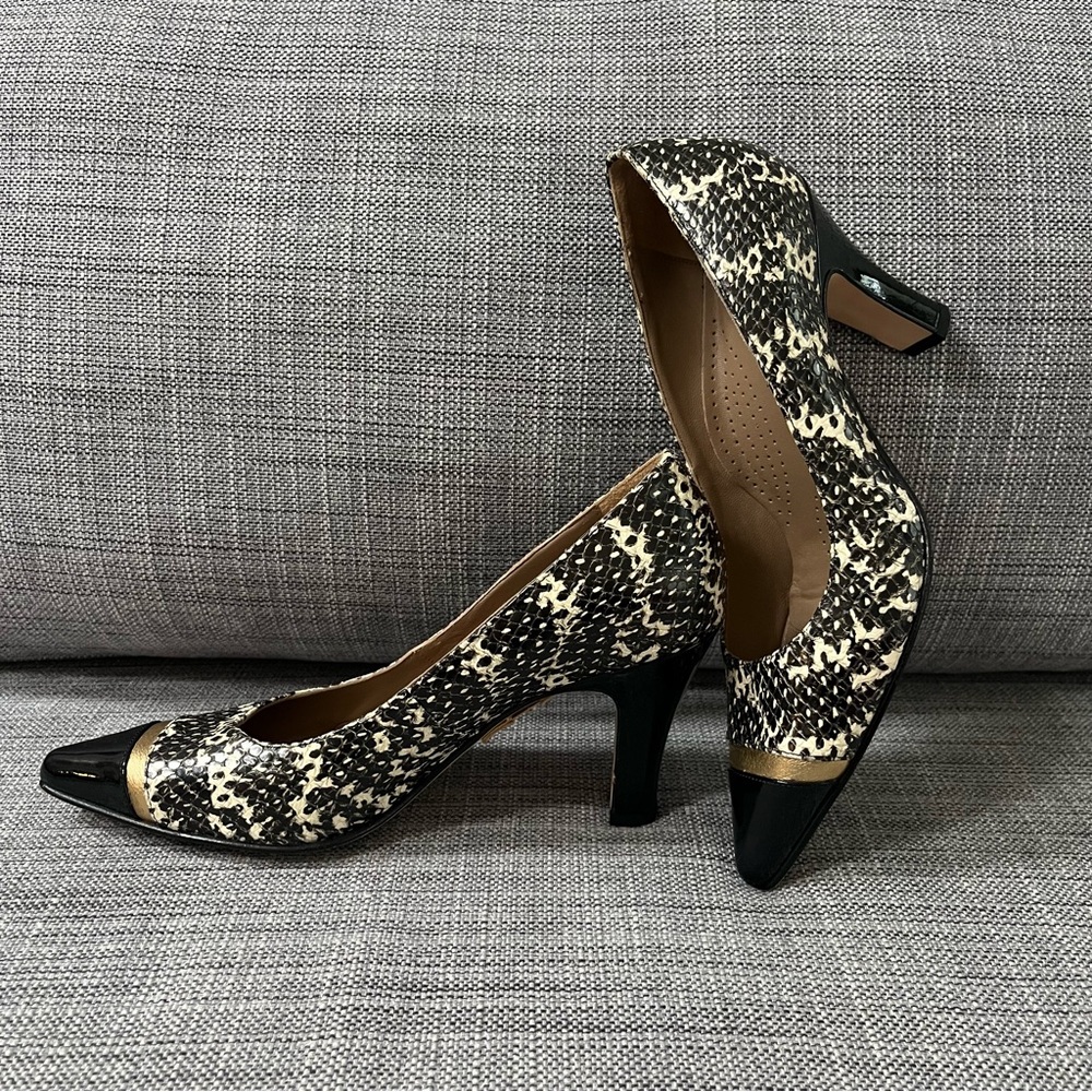 Anyi Lu Heels Black White Snake Pointed Toe Sz UK 38.5/US 8/8.5